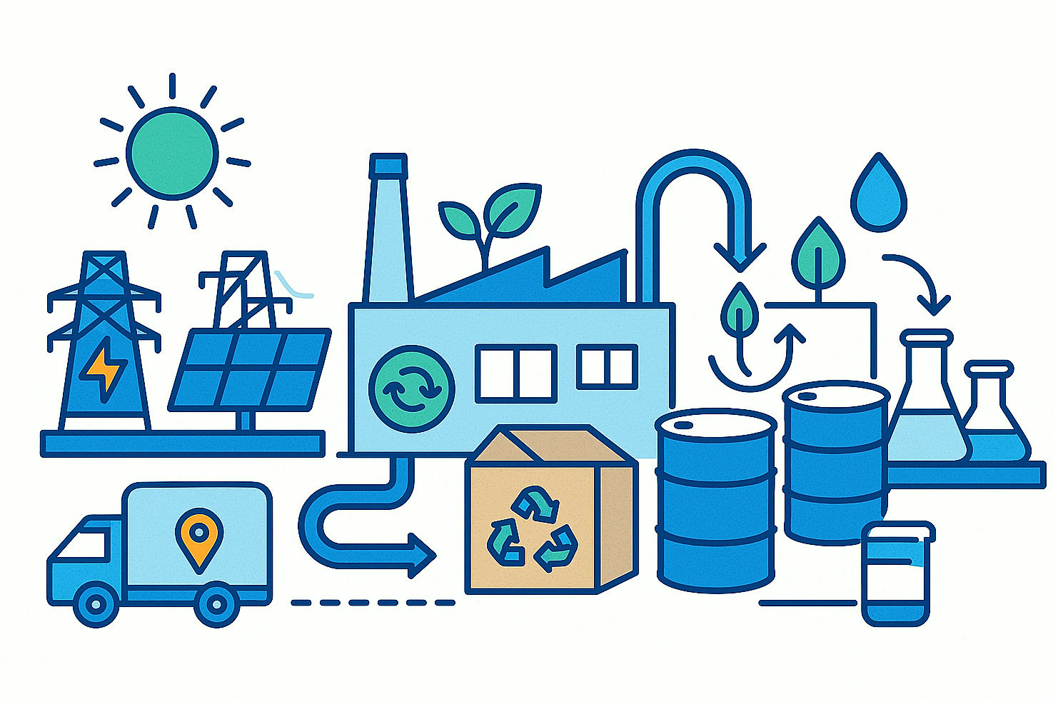 Illustration der ökologischen Nachhaltigkeit im Spezialchemie-Betrieb mit erneuerbarer Energie, Wasserkreisläufen, Wiederverwendung von Verpackungen und Logistik