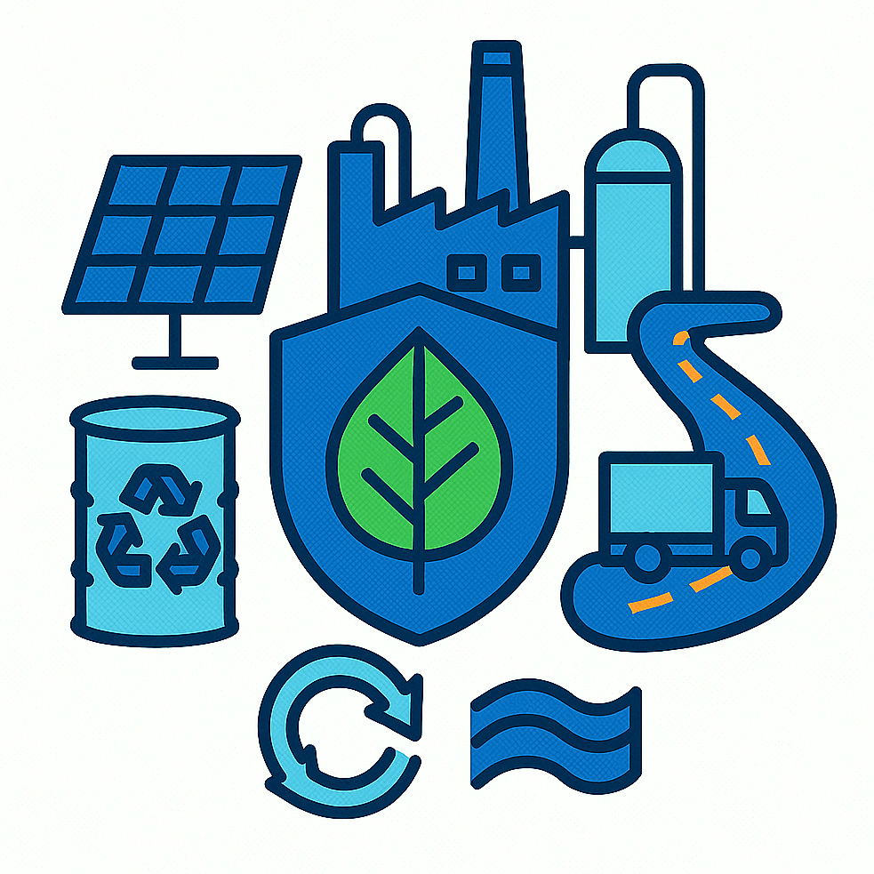 Illustration der ökologischen Nachhaltigkeit mit erneuerbarer Energie, Wasser, Verpackung und Logistik