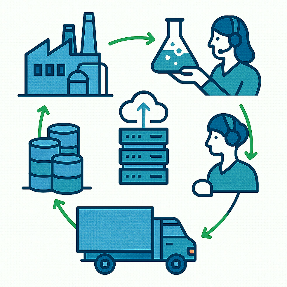 Illustration nachhaltiger Geschäftspraktiken in Produktion, Logistik, Beratung und IT-Dienstleistungen
