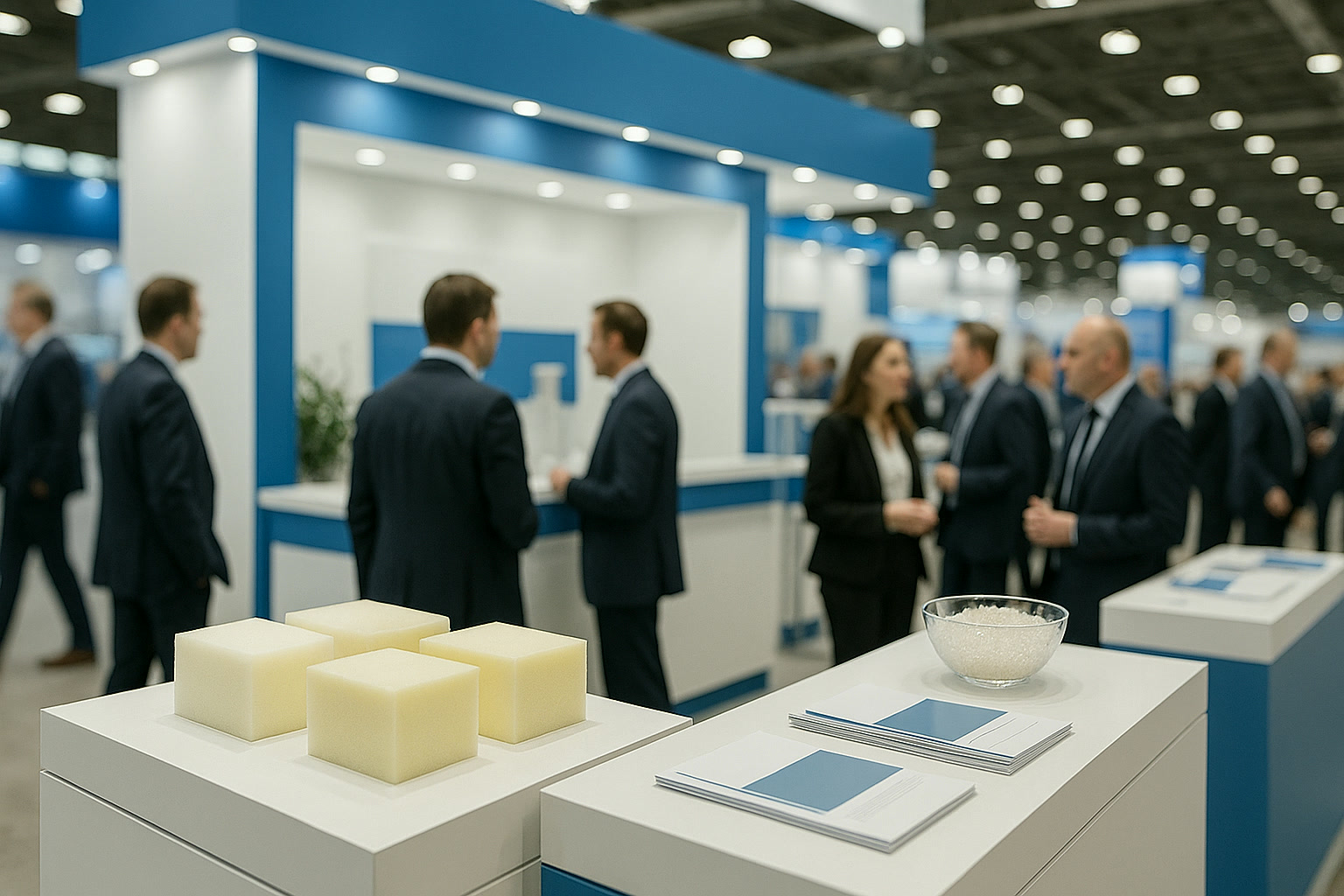 Messestand mit Schaumproben und Spezialmaterialien