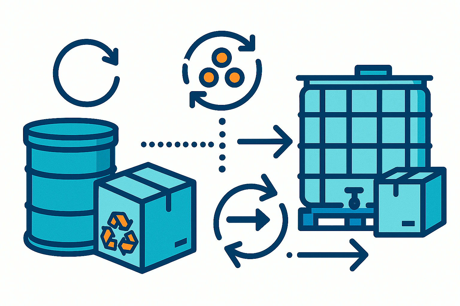 Illustration von Mehrwegbehältern, recycelten Pellets und Verpackungen in einer sauberen Logistikumgebung