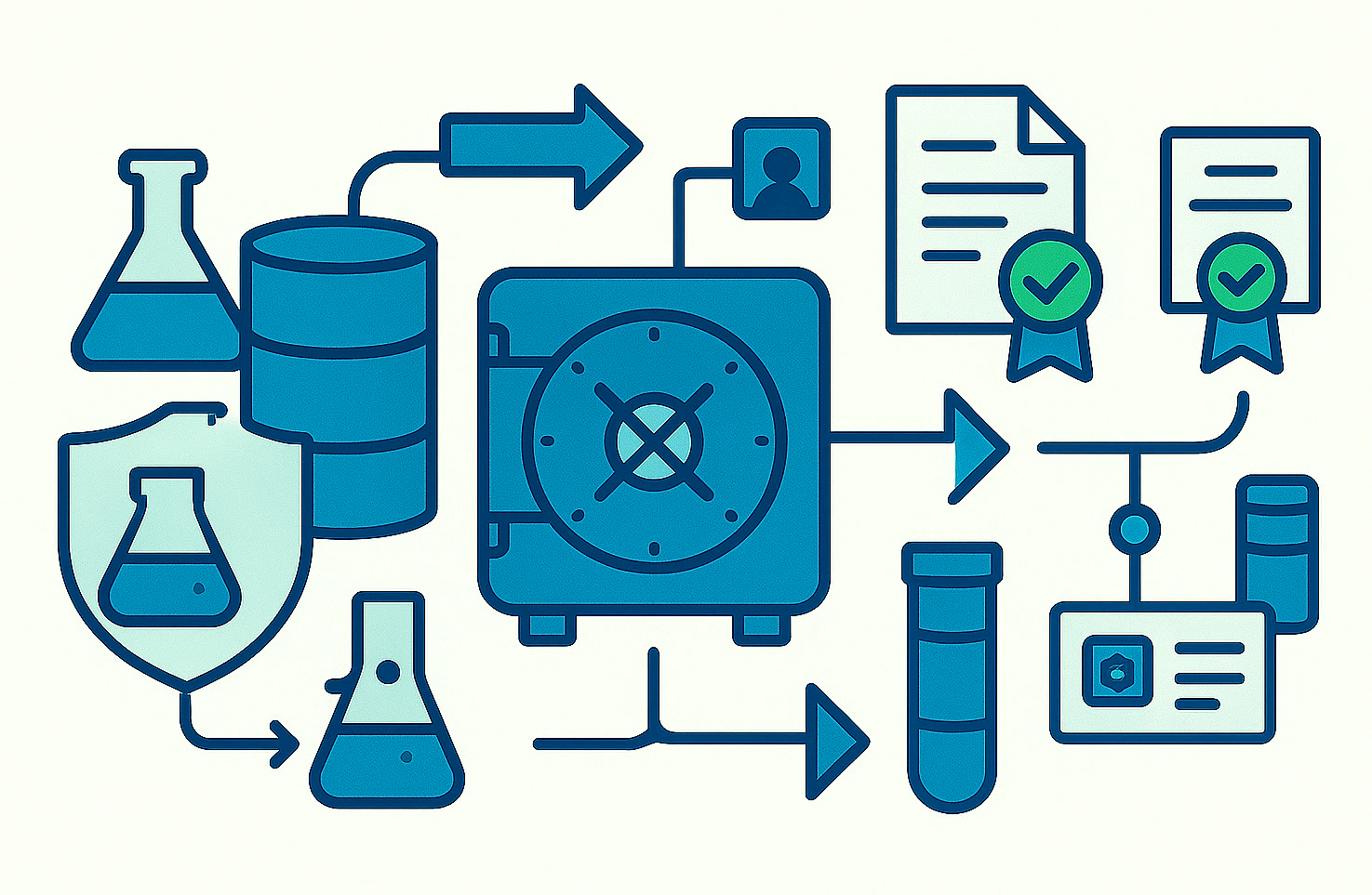 Illustration sicherer Datensteuerung, kontrollierter Zugriffe, Dokumentation und vertrauenswürdiger Informationsaustausch