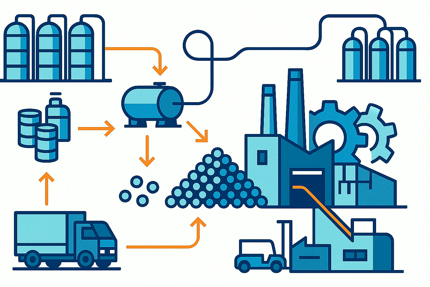 Illustration mehrerer Produktionsstandorte und Logistikrouten, die eine zuverlässige Versorgung mit Spezialchemikalien unterstützen